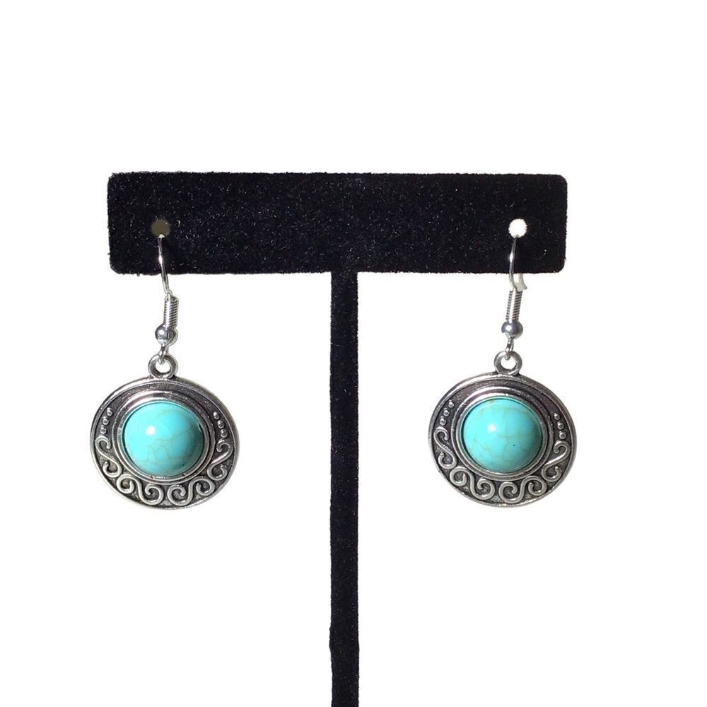 Silver Faux‎ Turquoise Round Drop Earrings